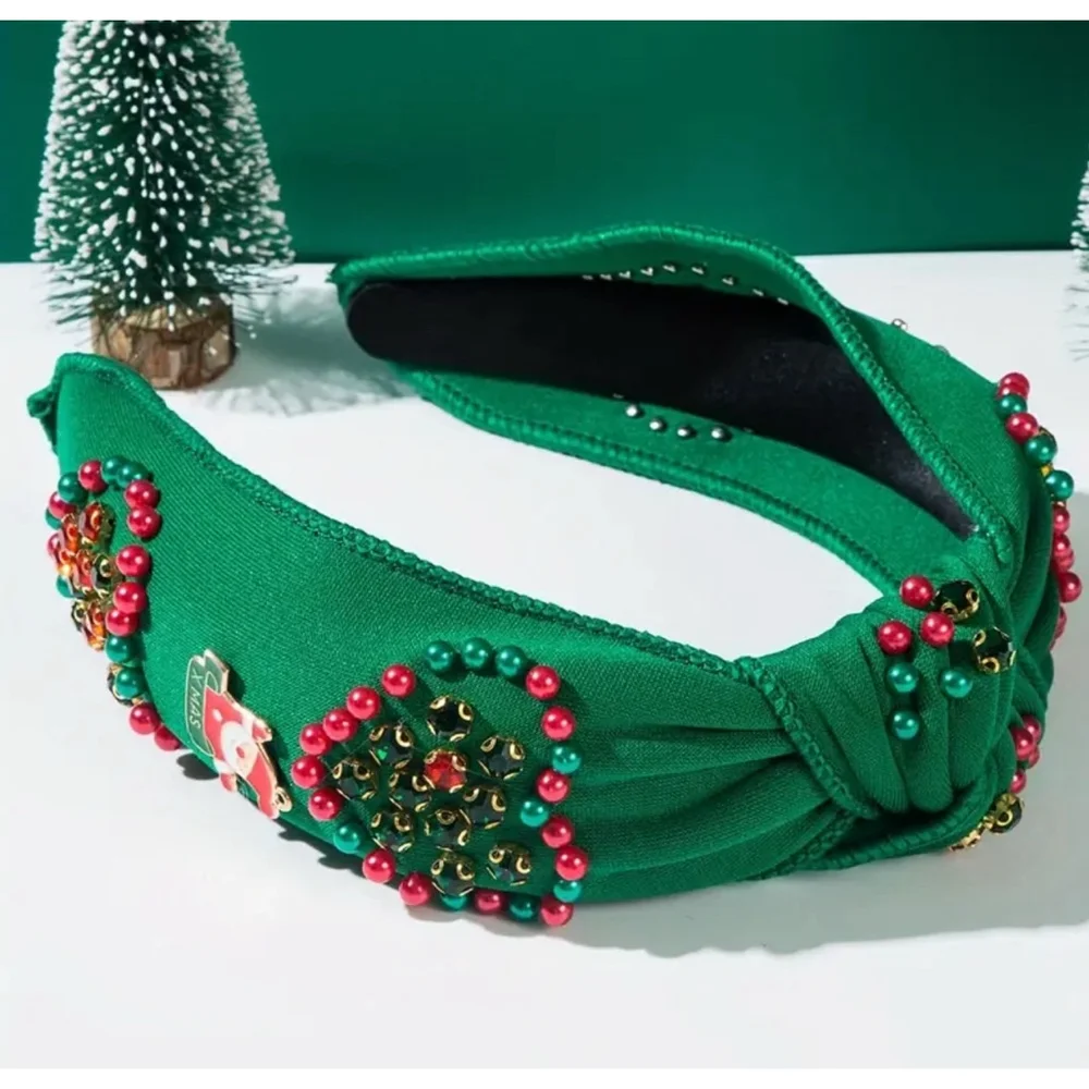 Christmas Heart Beaded Top Knot Headband with Santa Charms and Rhinestone - Picture 2 of 4